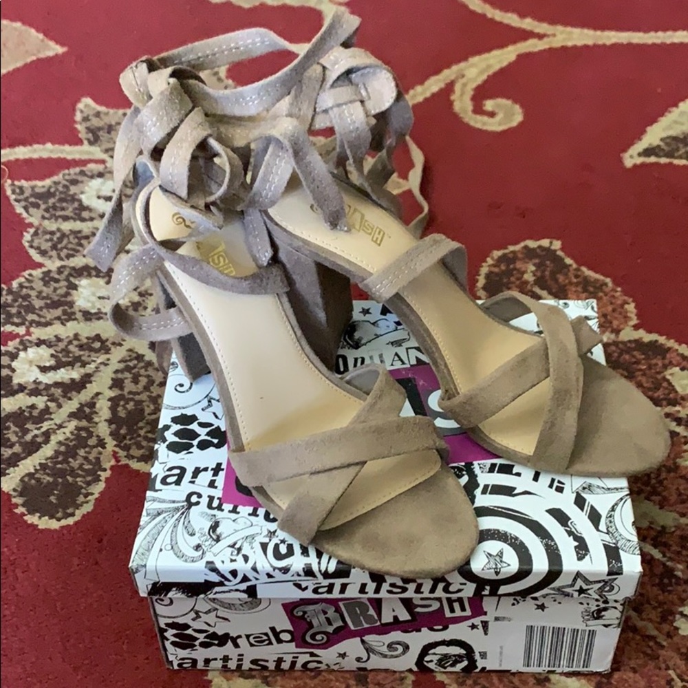 Lace up nude suede heels